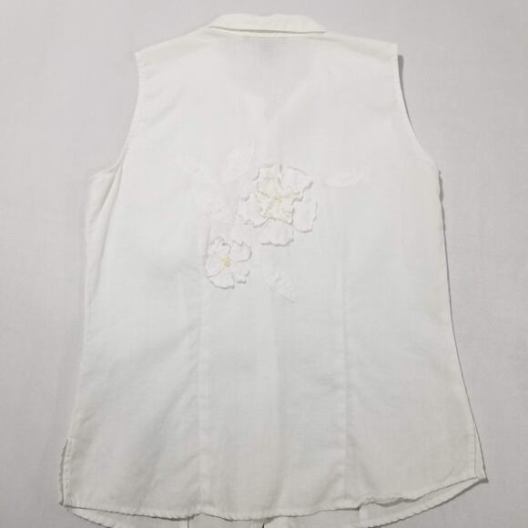 Anne Carson Linen Shirt Womens Medium Sleeveless Embellished Flower Art to Wear - Picture 3 of 8
